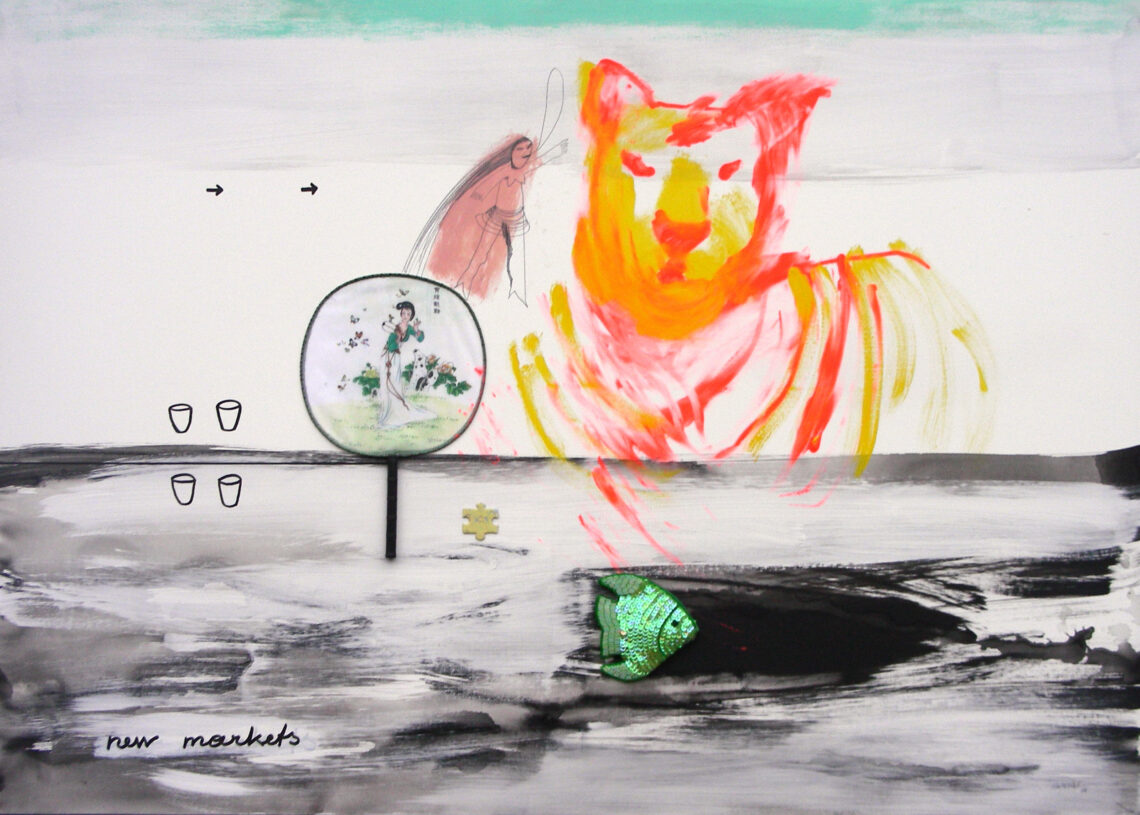 New markets, 2008, Acrylic, mixed media on canvas, 100x150 cm