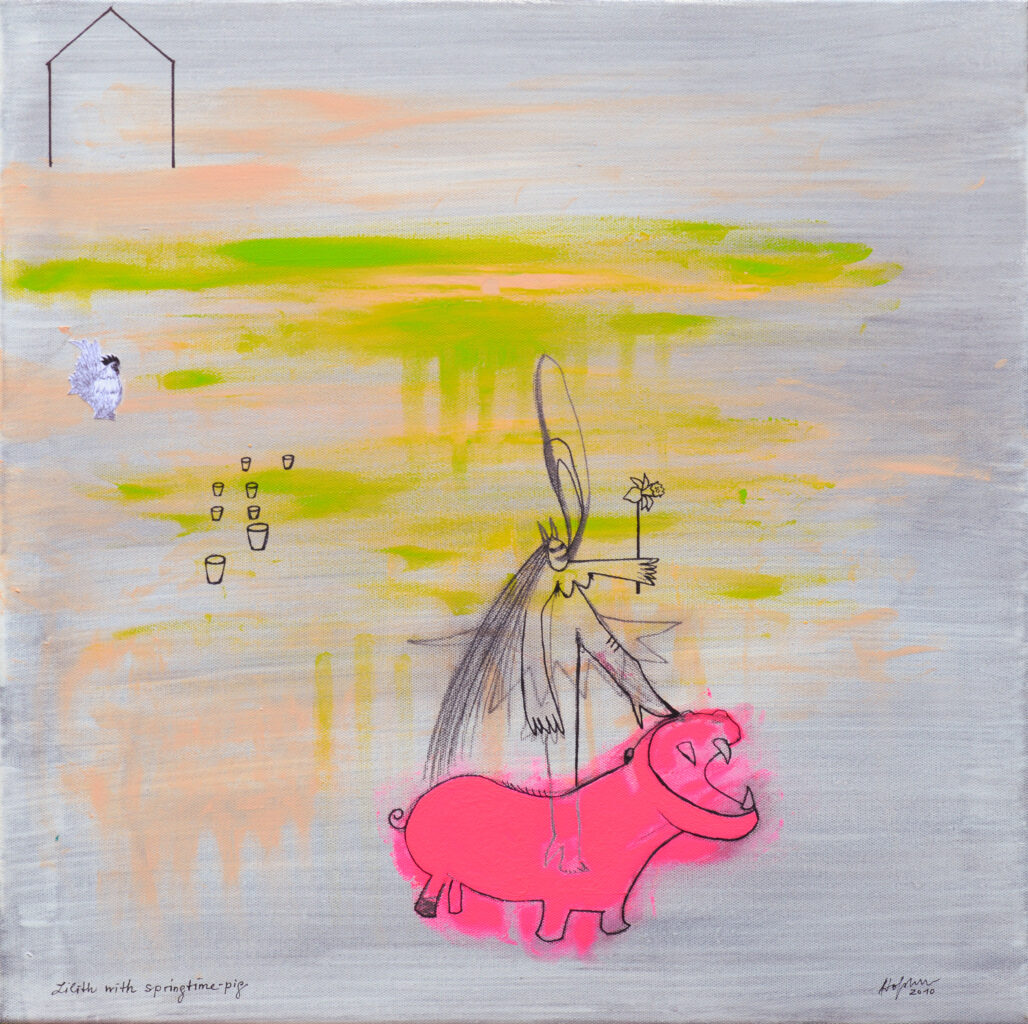 Lilith with springtime pig, 2010, Acryl, Mischtechnik auf Leinwand