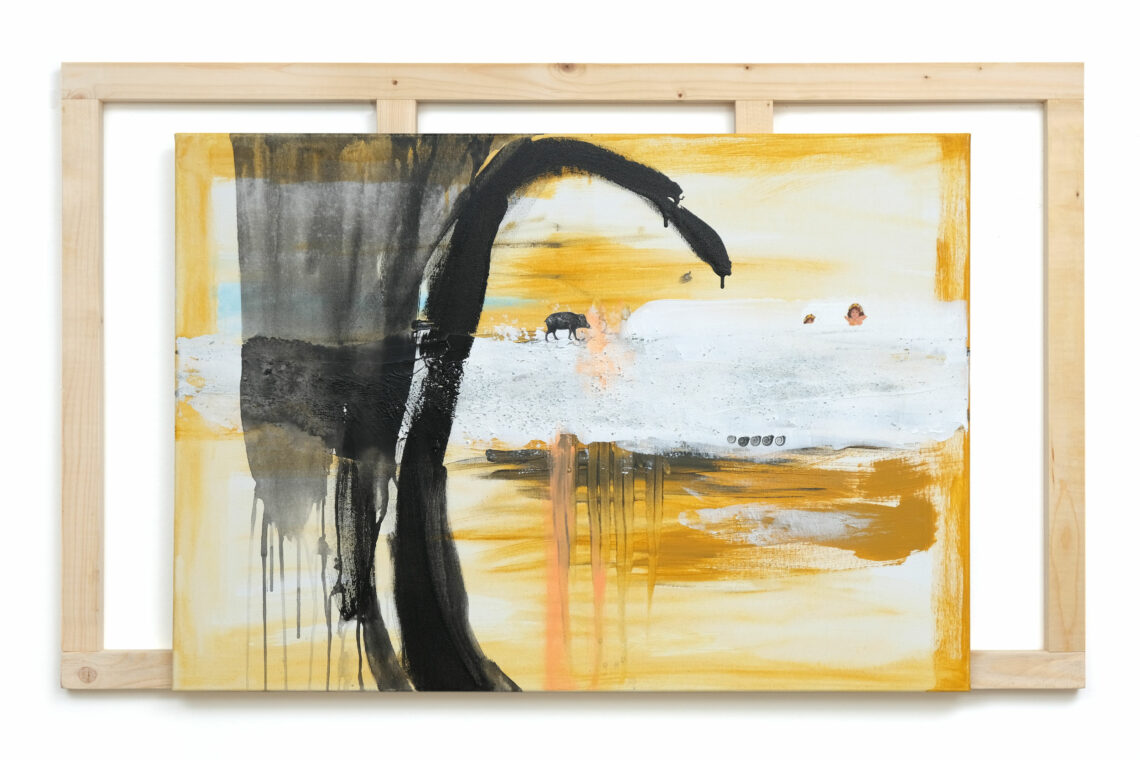 Schutzzone, 2020, mixed media auf Leinwand und Holz, 80 x 130 cm